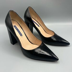 Stuart Weitzman Black Patent Leather 85 Block Pump Heels
